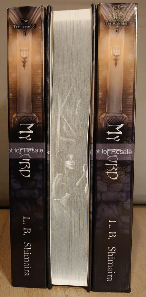 A photo showcasing the spines of 3 My Lord books, with the middle one turned to show the printed edge.